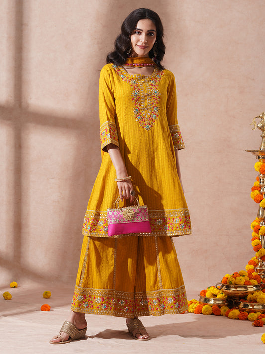 Solid Ethnic Embroidered A-Line Paneled Kurta with Palazzo & Dupatta - Yellow