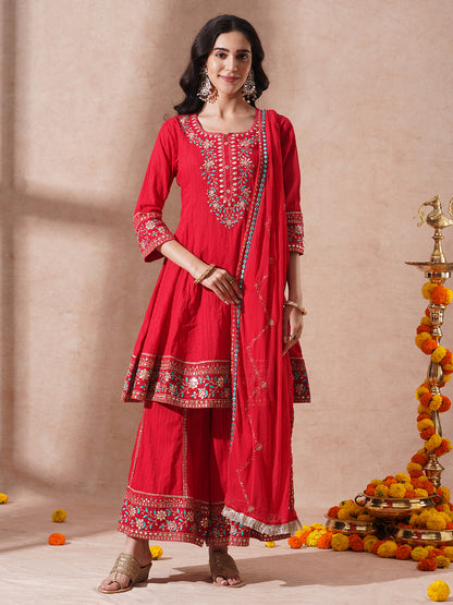 Solid Ethnic Embroidered A-Line Paneled Kurta with Palazzo & Dupatta - Red