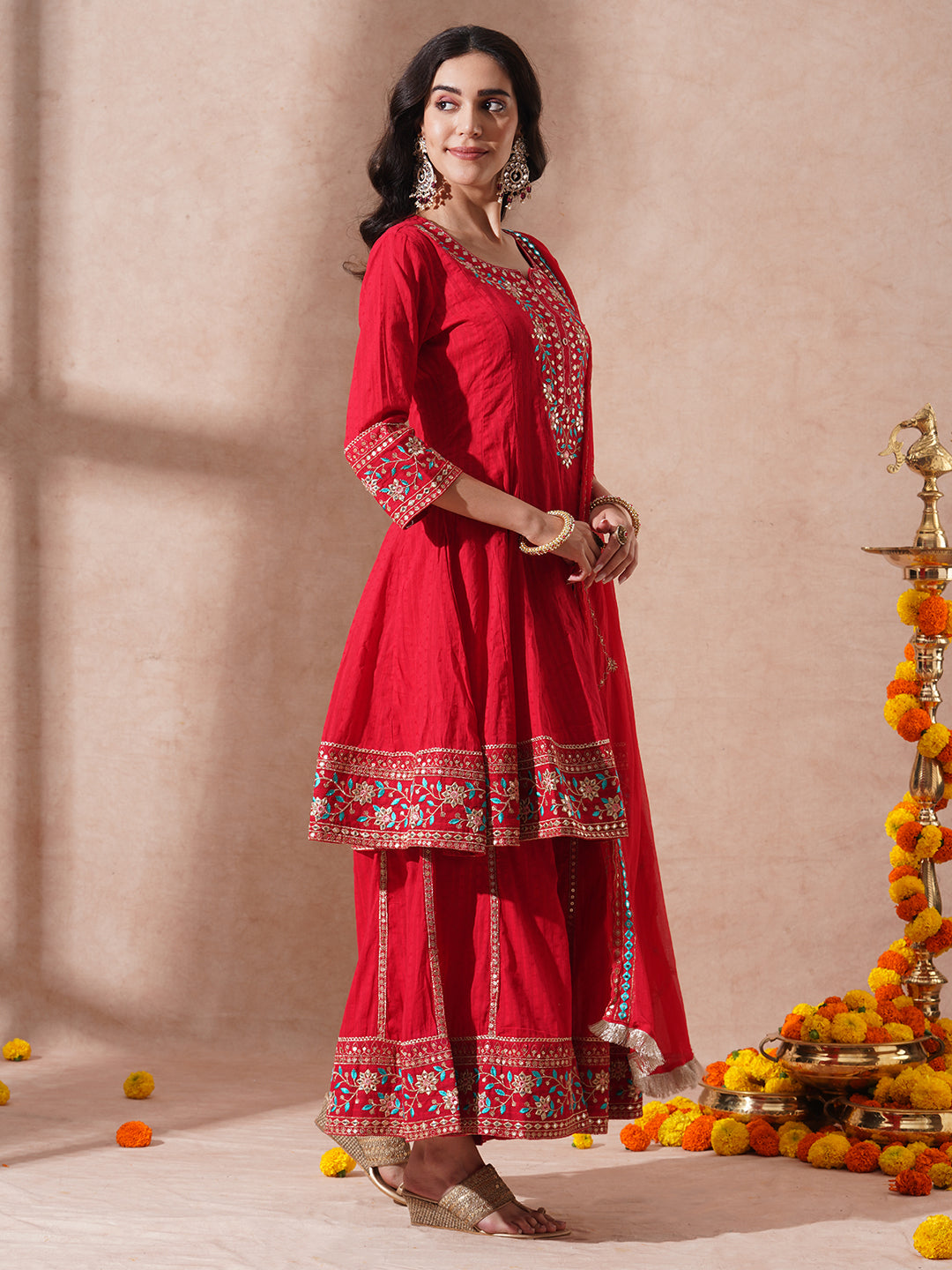 Solid Ethnic Embroidered A-Line Paneled Kurta with Palazzo & Dupatta - Red