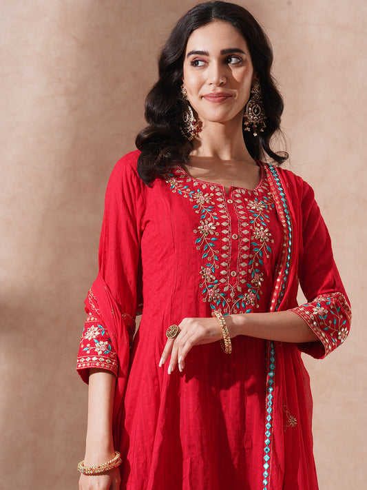 Solid Ethnic Embroidered A-Line Paneled Kurta with Palazzo & Dupatta - Red