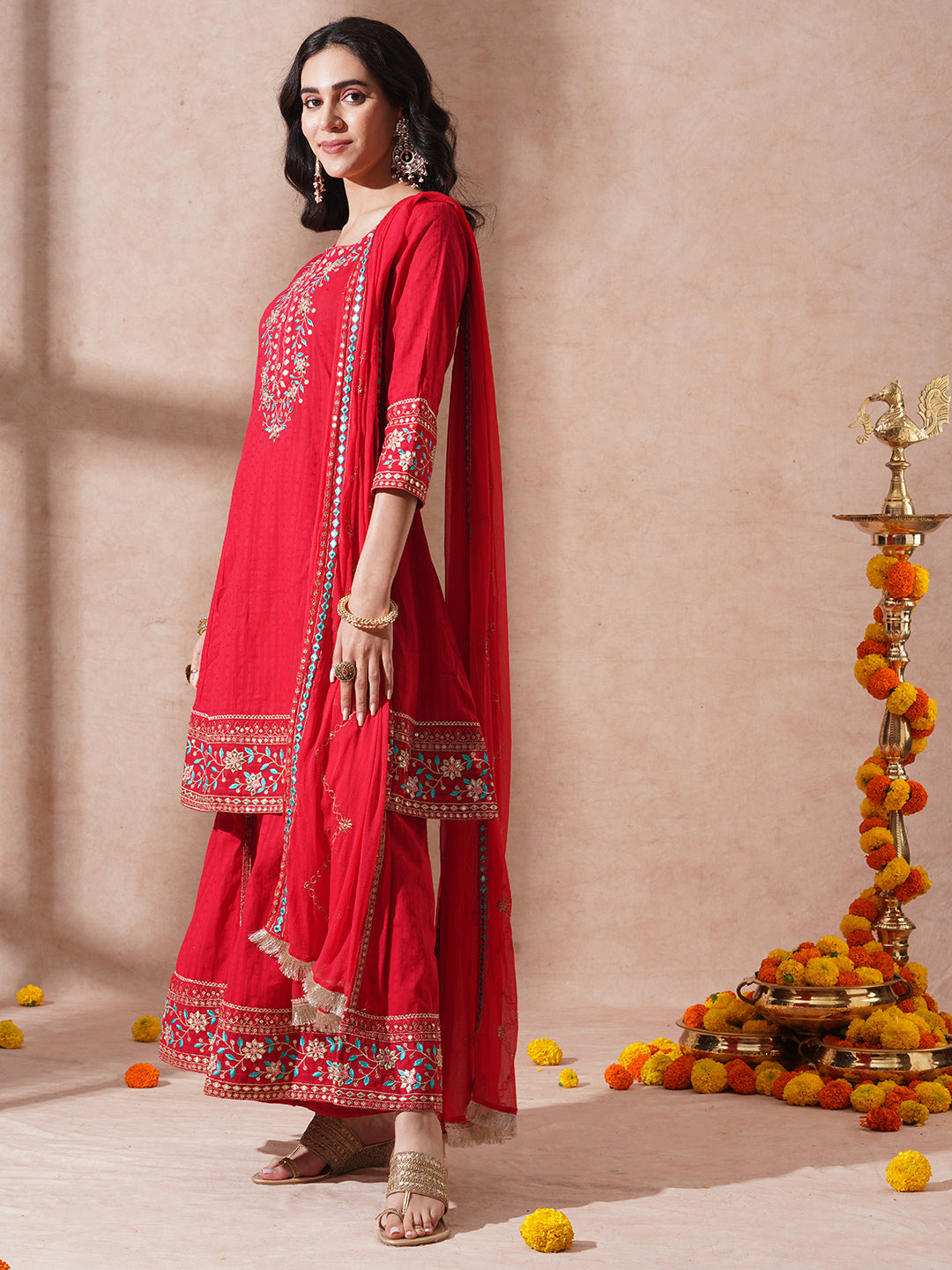 Solid Ethnic Embroidered A-Line Paneled Kurta with Palazzo & Dupatta - Red