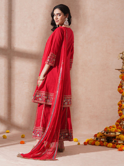 Solid Ethnic Embroidered A-Line Paneled Kurta with Palazzo & Dupatta - Red