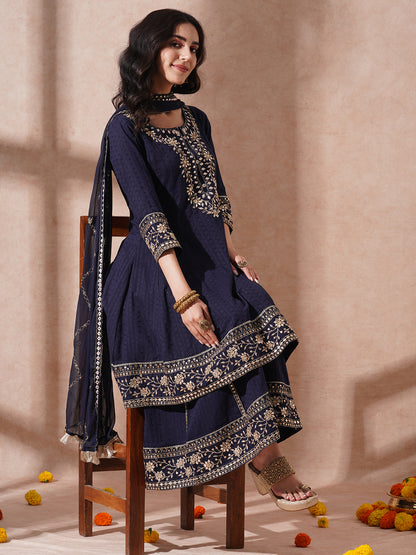 Solid Ethnic Embroidered A-Line Paneled Kurta with Palazzo & Dupatta - Navy Blue