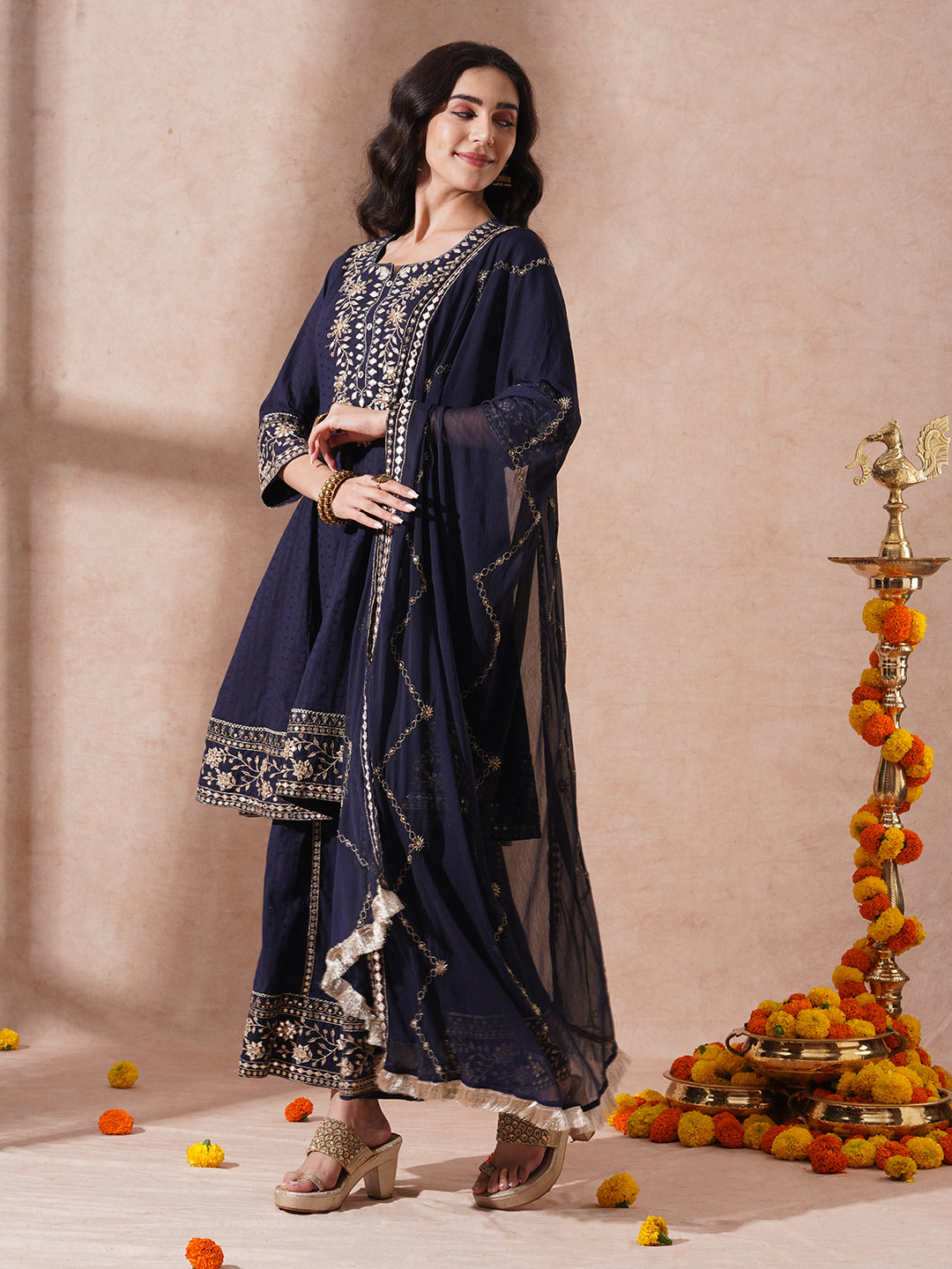 Solid Ethnic Embroidered A-Line Paneled Kurta with Palazzo & Dupatta - Navy Blue