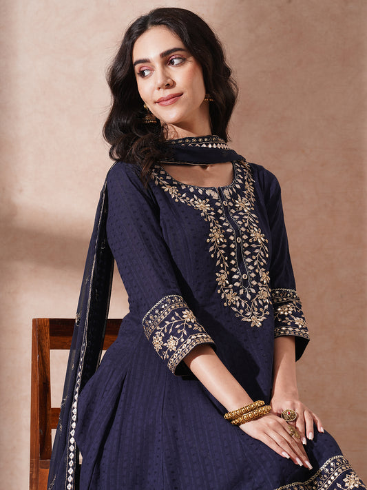 Solid Ethnic Embroidered A-Line Paneled Kurta with Palazzo & Dupatta - Navy Blue