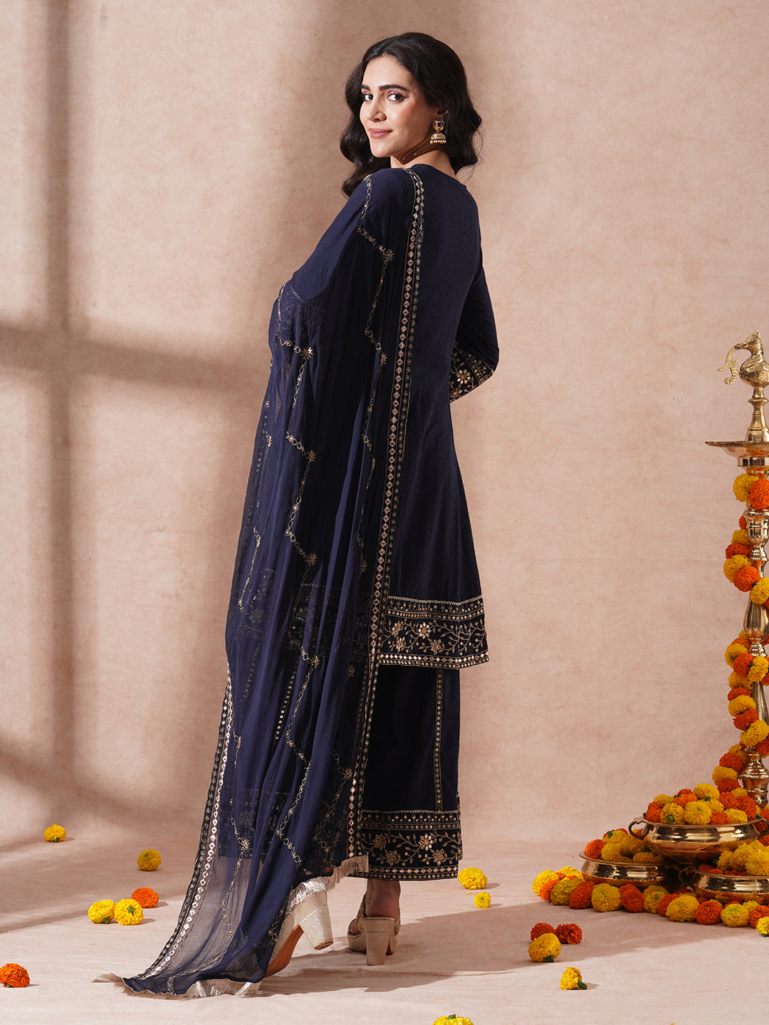 Solid Ethnic Embroidered A-Line Paneled Kurta with Palazzo & Dupatta - Navy Blue