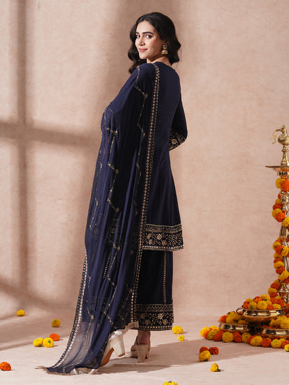 Solid Ethnic Embroidered A-Line Paneled Kurta with Palazzo & Dupatta - Navy Blue