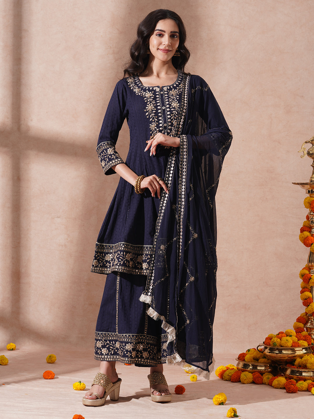 Solid Ethnic Embroidered A-Line Paneled Kurta with Palazzo & Dupatta - Navy Blue