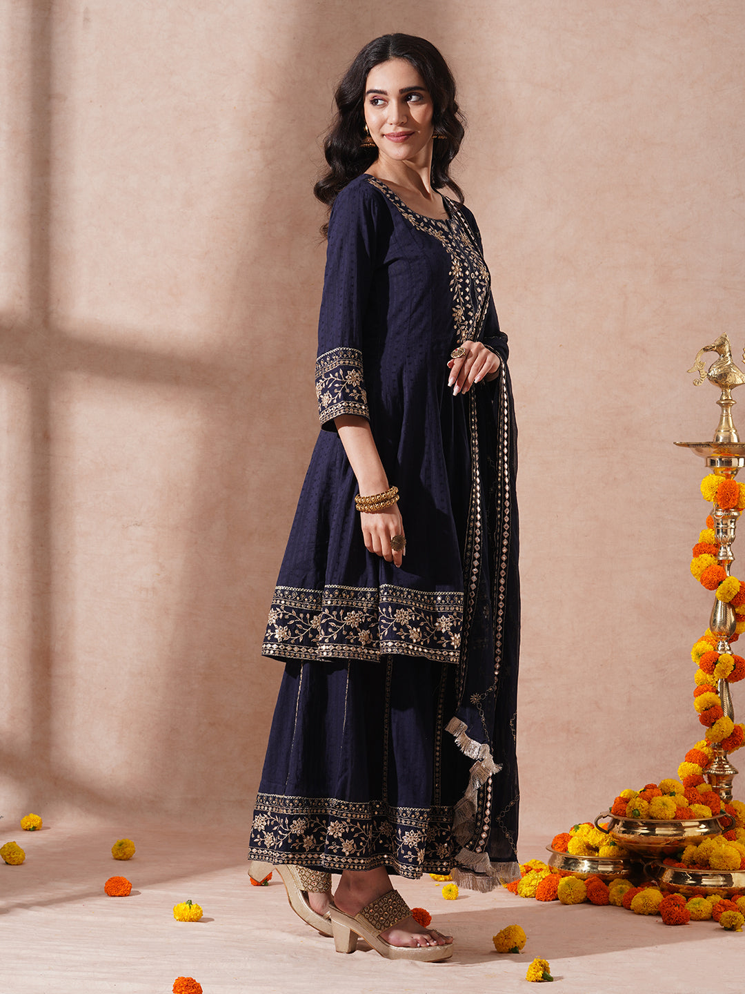 Solid Ethnic Embroidered A-Line Paneled Kurta with Palazzo & Dupatta - Navy Blue