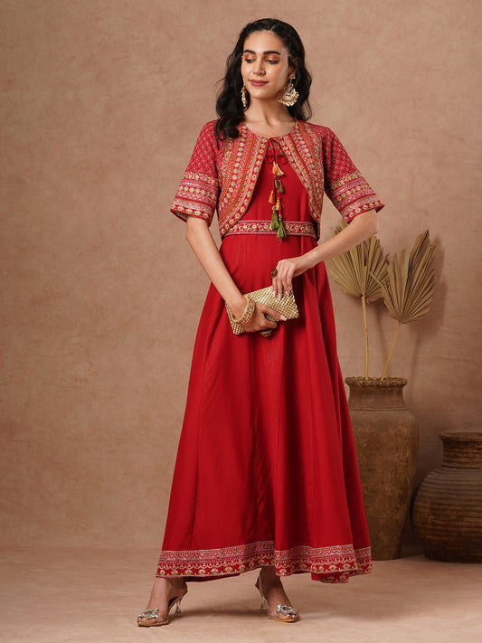 Solid A-Line Paneled Maxi Dress with Ethnic Floral Embroidered Short Jacket and Belt - Red