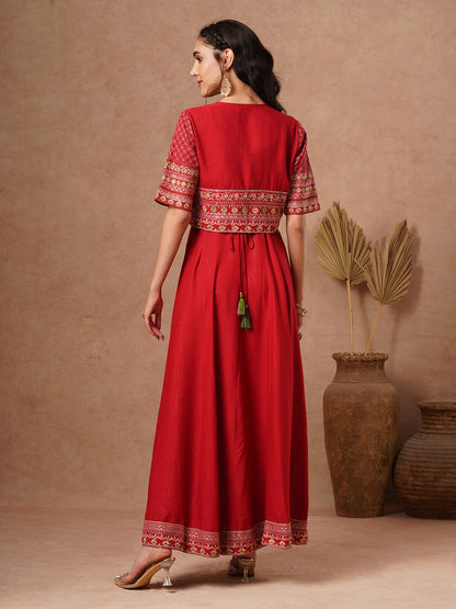 Solid A-Line Paneled Maxi Dress with Ethnic Floral Embroidered Short Jacket and Belt - Red