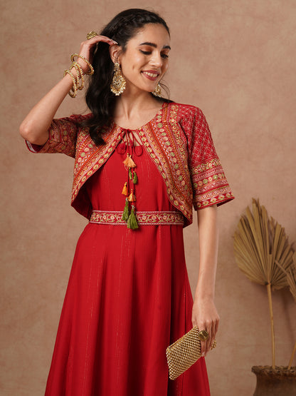 Solid A-Line Paneled Maxi Dress with Ethnic Floral Embroidered Short Jacket and Belt - Red