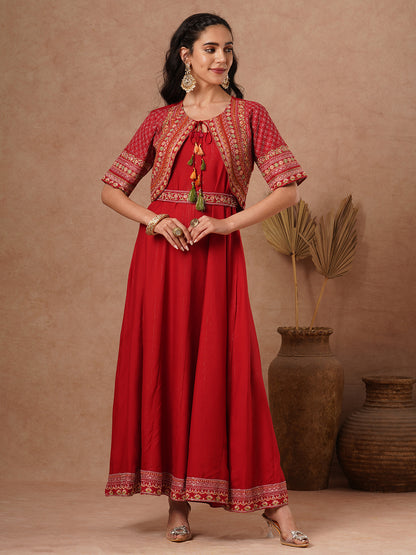 Solid A-Line Paneled Maxi Dress with Ethnic Floral Embroidered Short Jacket and Belt - Red