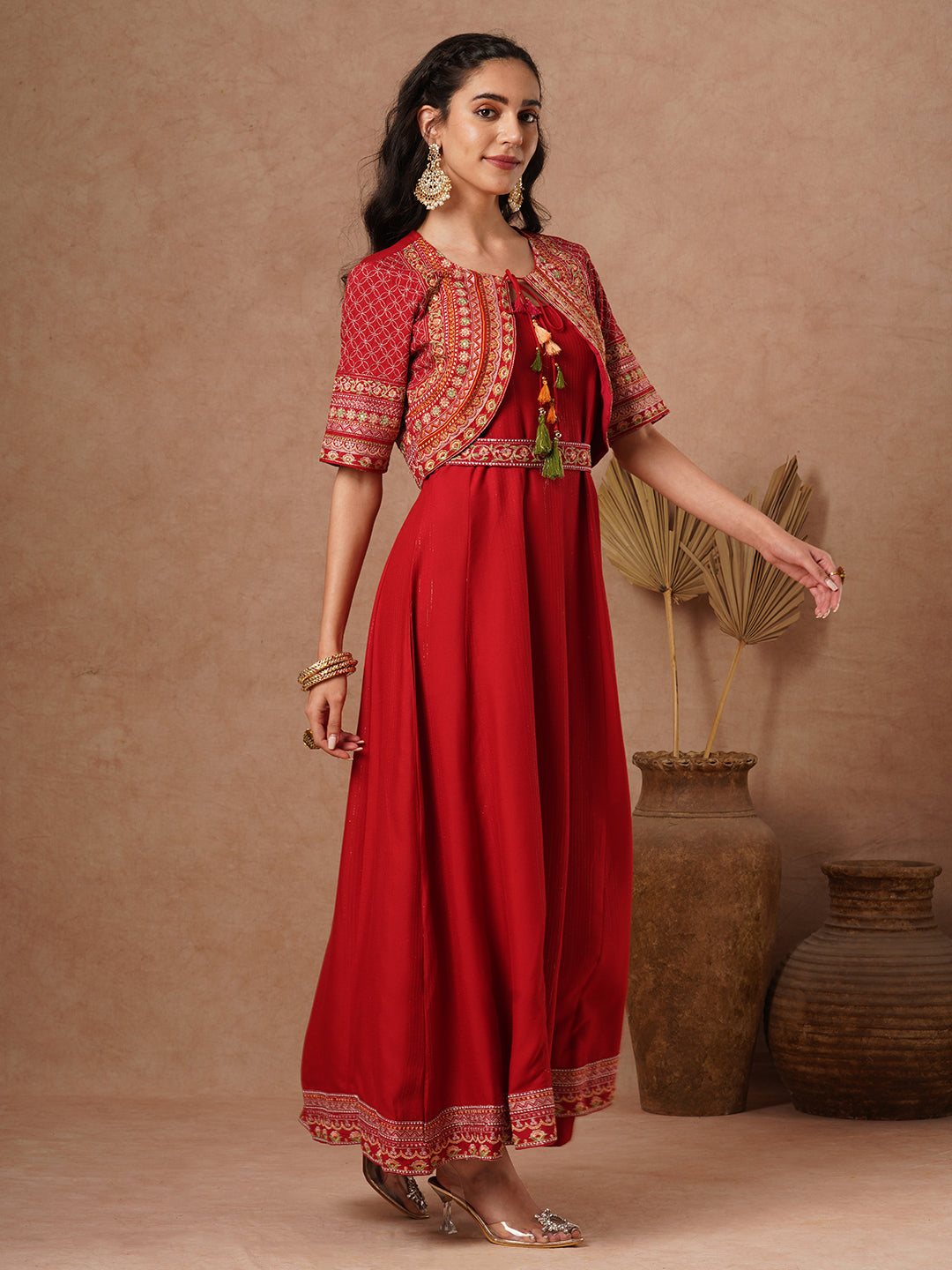 Solid A-Line Paneled Maxi Dress with Ethnic Floral Embroidered Short Jacket and Belt - Red