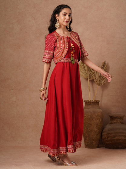 Solid A-Line Paneled Maxi Dress with Ethnic Floral Embroidered Short Jacket and Belt - Red