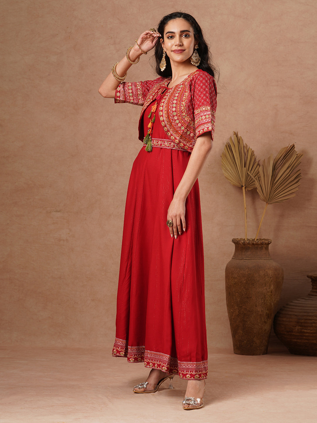 Solid A-Line Paneled Maxi Dress with Ethnic Floral Embroidered Short Jacket and Belt - Red