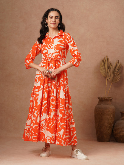 Abstract Printed A-Line Pleated Tiered Maxi Dress - Orange