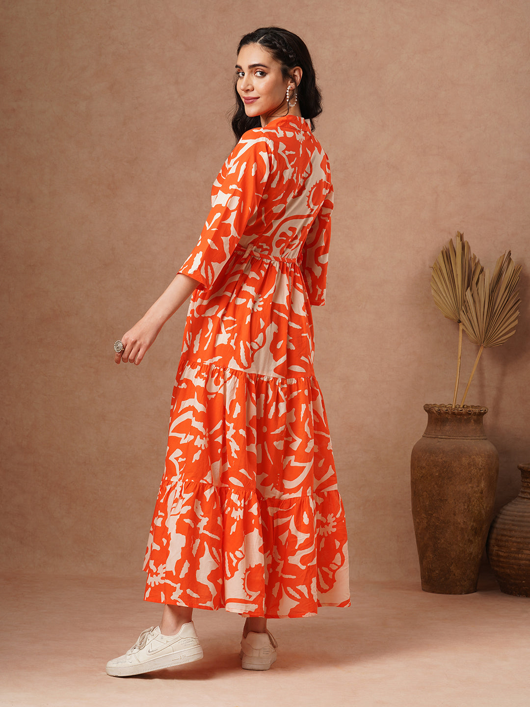 Abstract Printed A-Line Pleated Tiered Maxi Dress - Orange