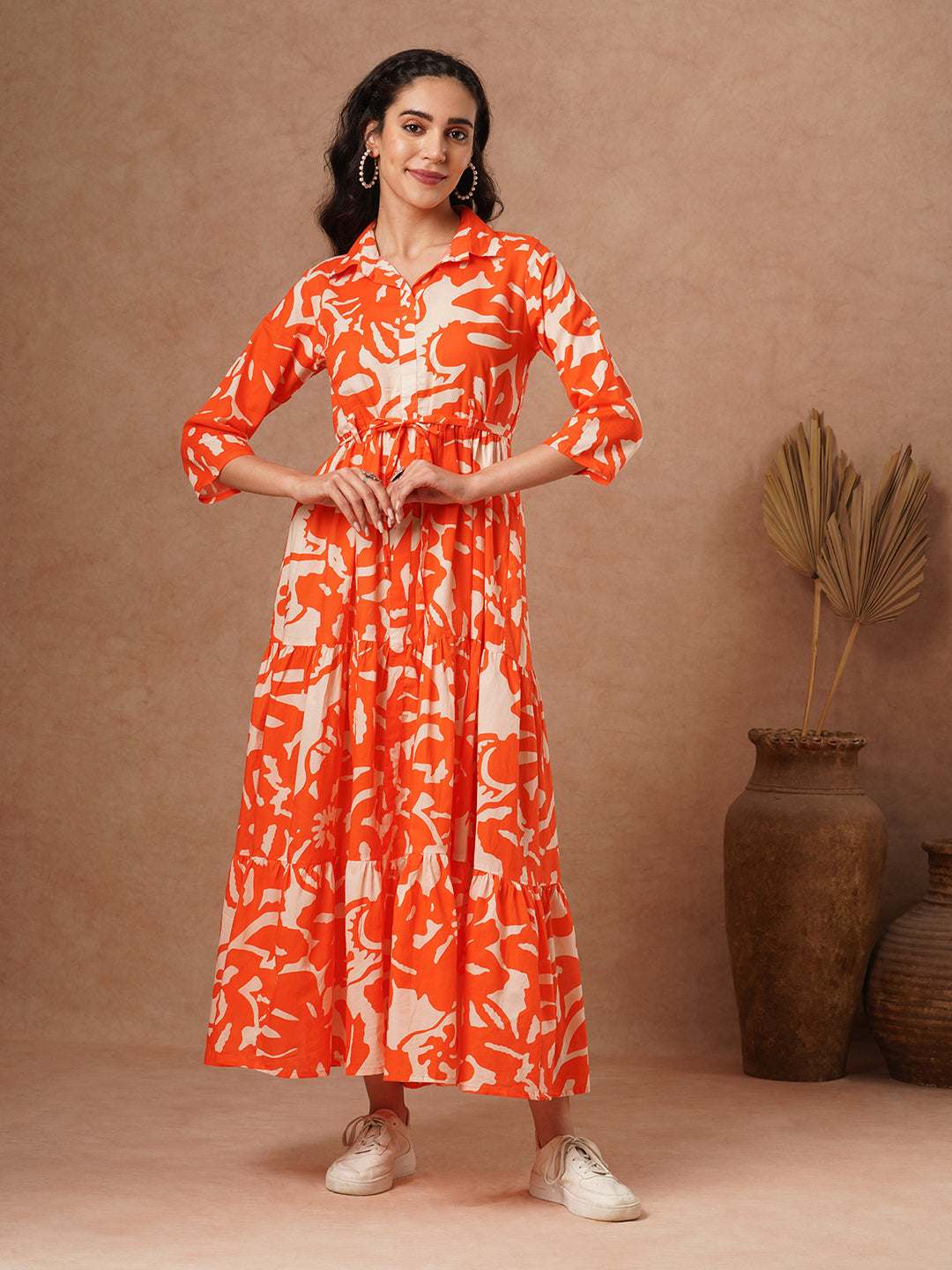 Abstract Printed A-Line Pleated Tiered Maxi Dress - Orange