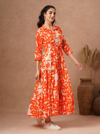 Abstract Printed A-Line Pleated Tiered Maxi Dress - Orange