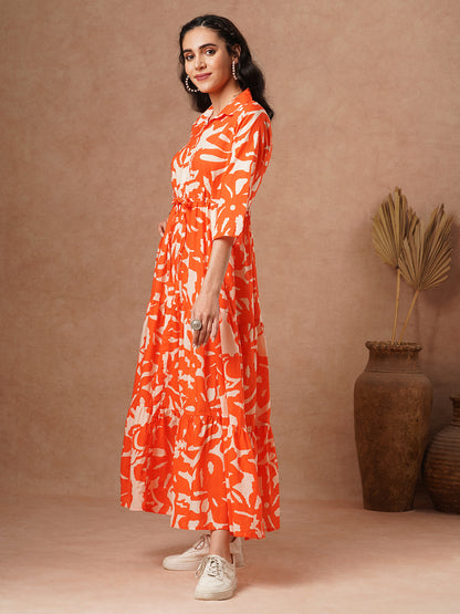 Abstract Printed A-Line Pleated Tiered Maxi Dress - Orange