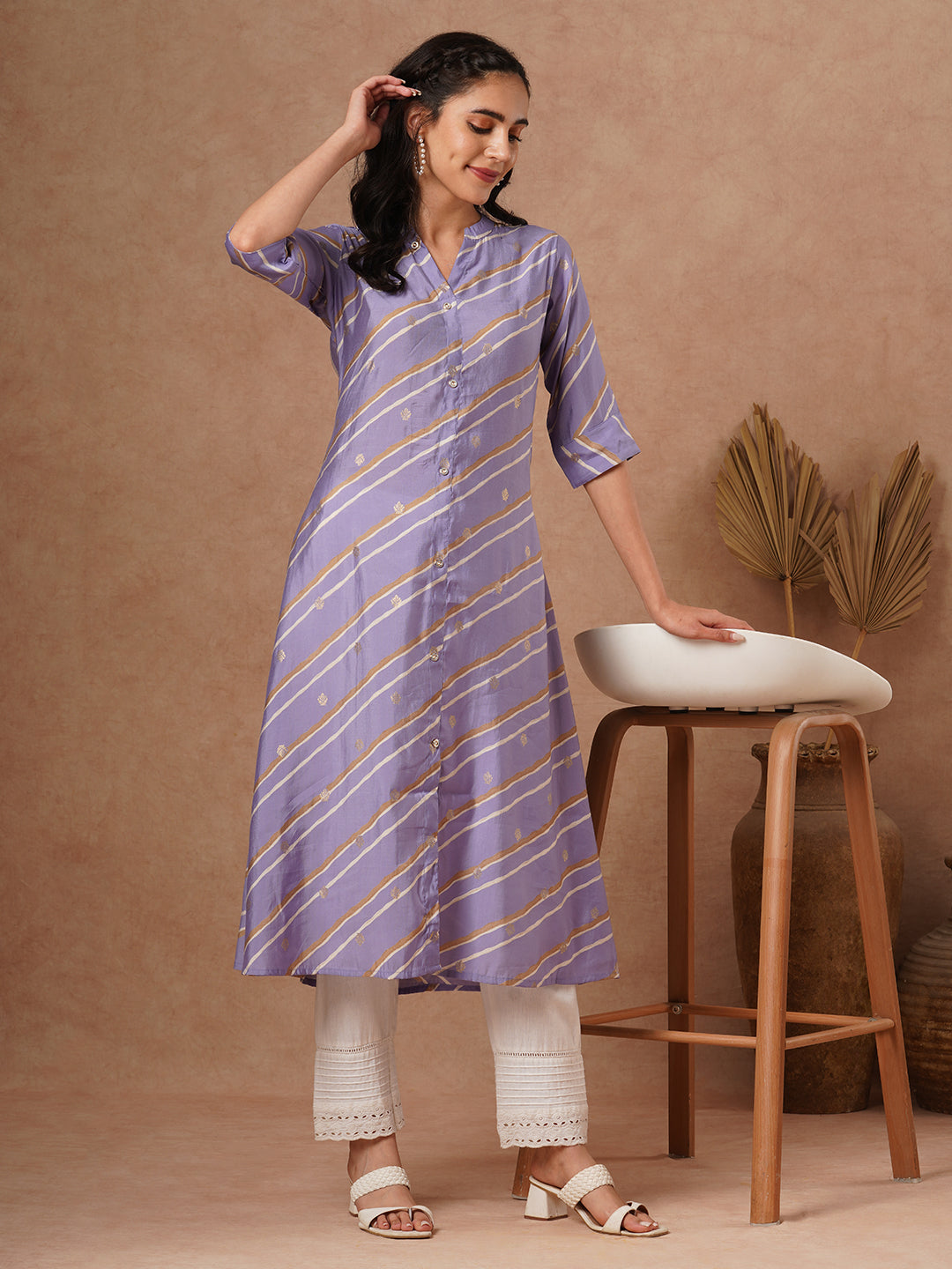 Leheriya Printed A-Line Flared Kurta - Purple