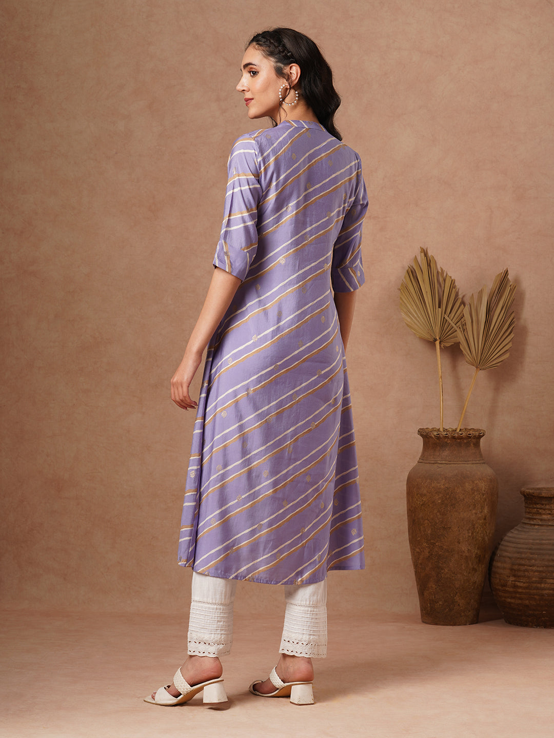 Leheriya Printed A-Line Flared Kurta - Purple