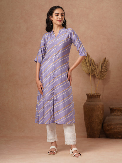 Leheriya Printed A-Line Flared Kurta - Purple