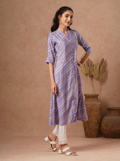 Leheriya Printed A-Line Flared Kurta - Purple