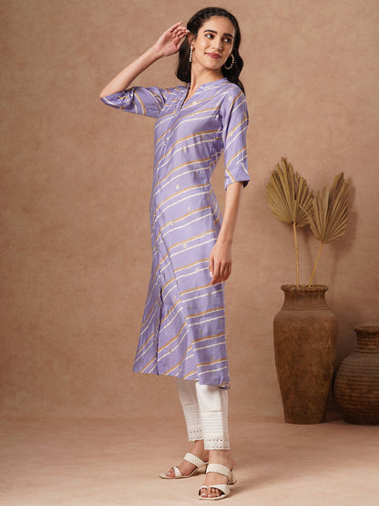 Leheriya Printed A-Line Flared Kurta - Purple