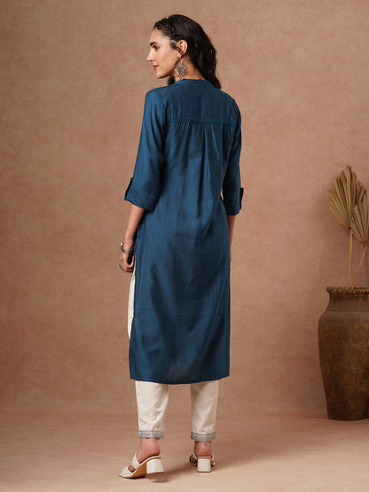 Solid A-Line Cut Kurta - Blue