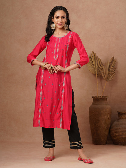 Ethnic Resham Embroidered Straight Fit Kurta - Pink