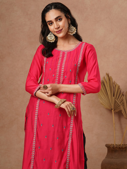 Ethnic Resham Embroidered Straight Fit Kurta - Pink