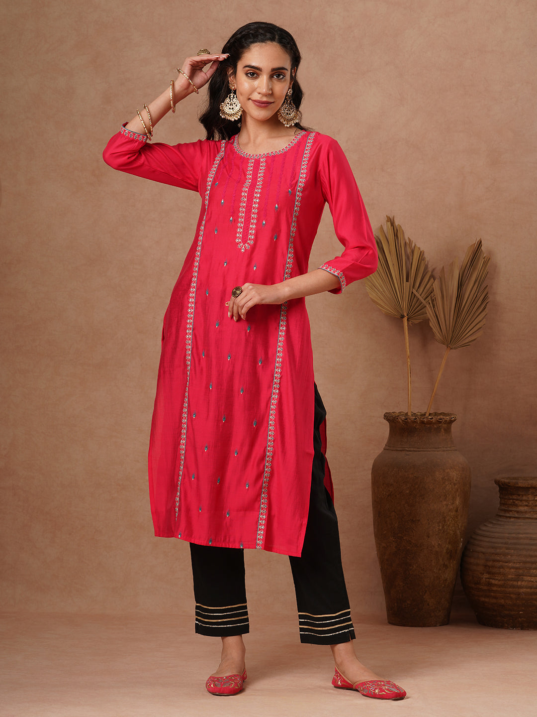 Ethnic Resham Embroidered Straight Fit Kurta - Pink