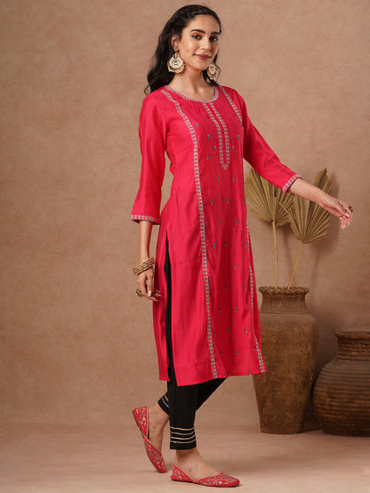 Ethnic Resham Embroidered Straight Fit Kurta - Pink