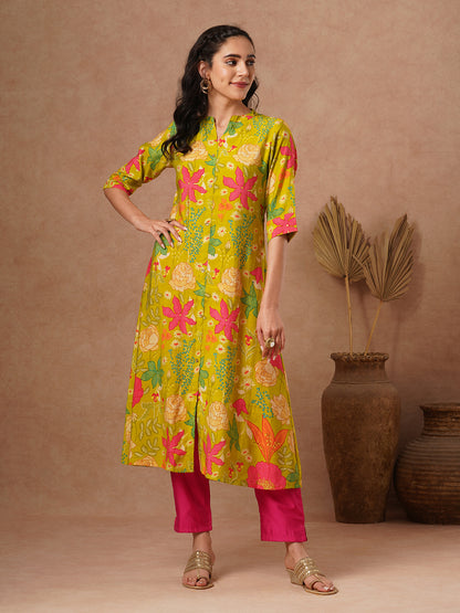 Abstract Floral Foil Printed A-Line Kurta - Lime Green