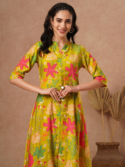 Abstract Floral Foil Printed A-Line Kurta - Lime Green