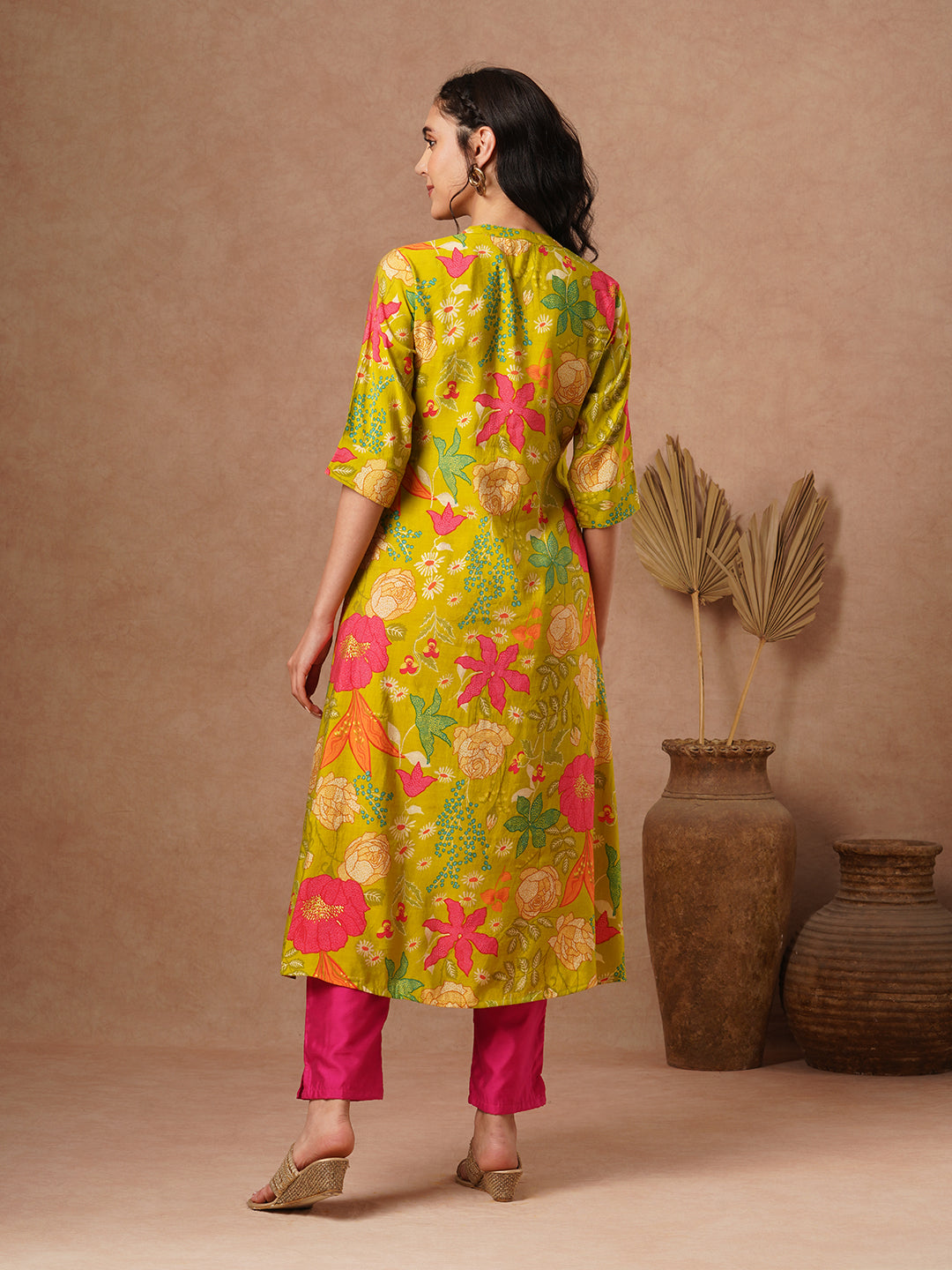 Abstract Floral Foil Printed A-Line Kurta - Lime Green