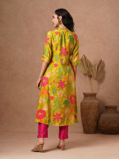 Abstract Floral Foil Printed A-Line Kurta - Lime Green