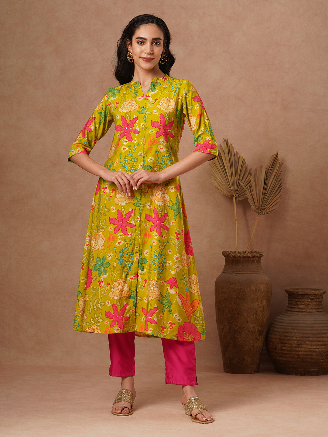 Abstract Floral Foil Printed A-Line Kurta - Lime Green