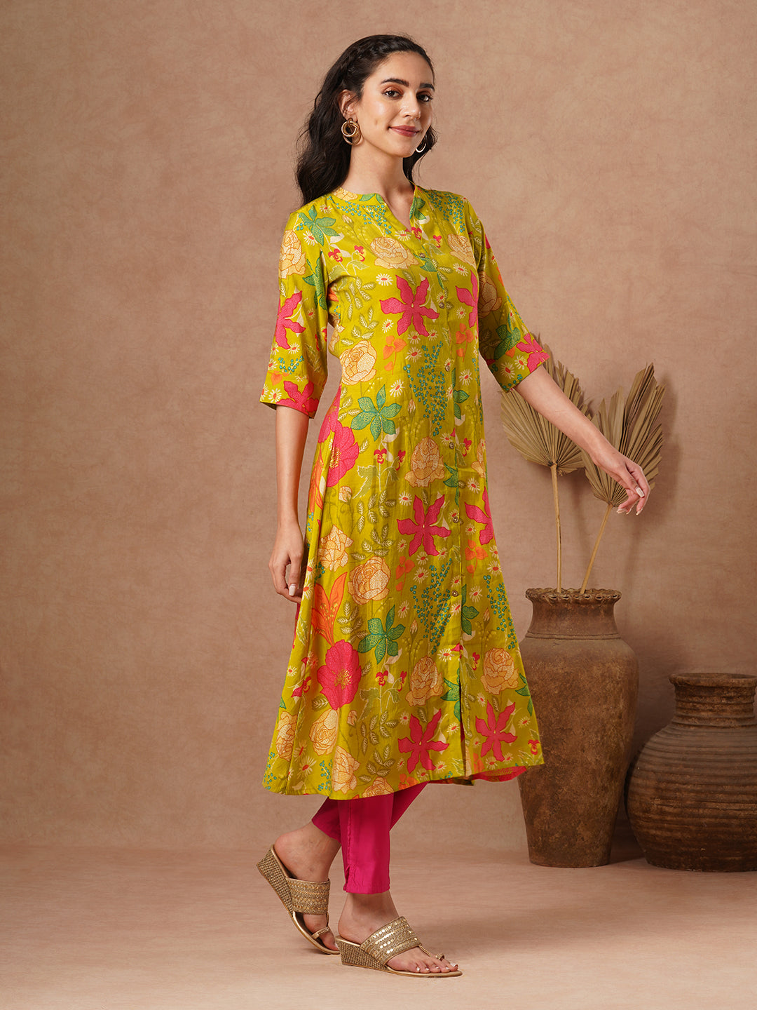 Abstract Floral Foil Printed A-Line Kurta - Lime Green