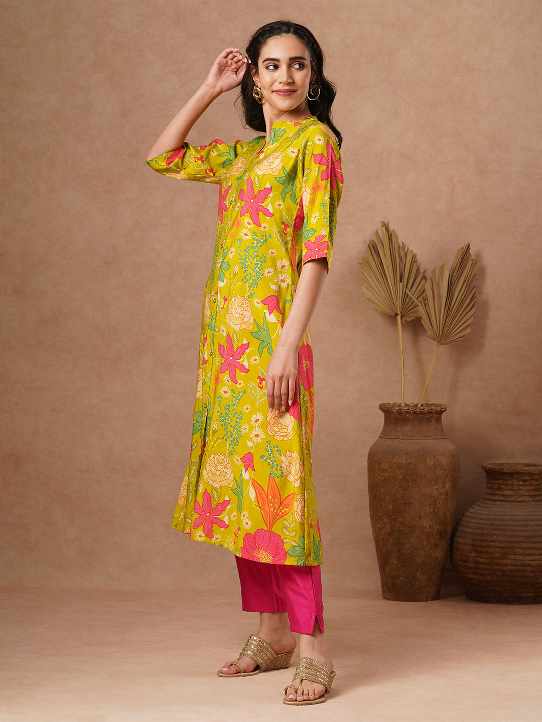 Abstract Floral Foil Printed A-Line Kurta - Lime Green