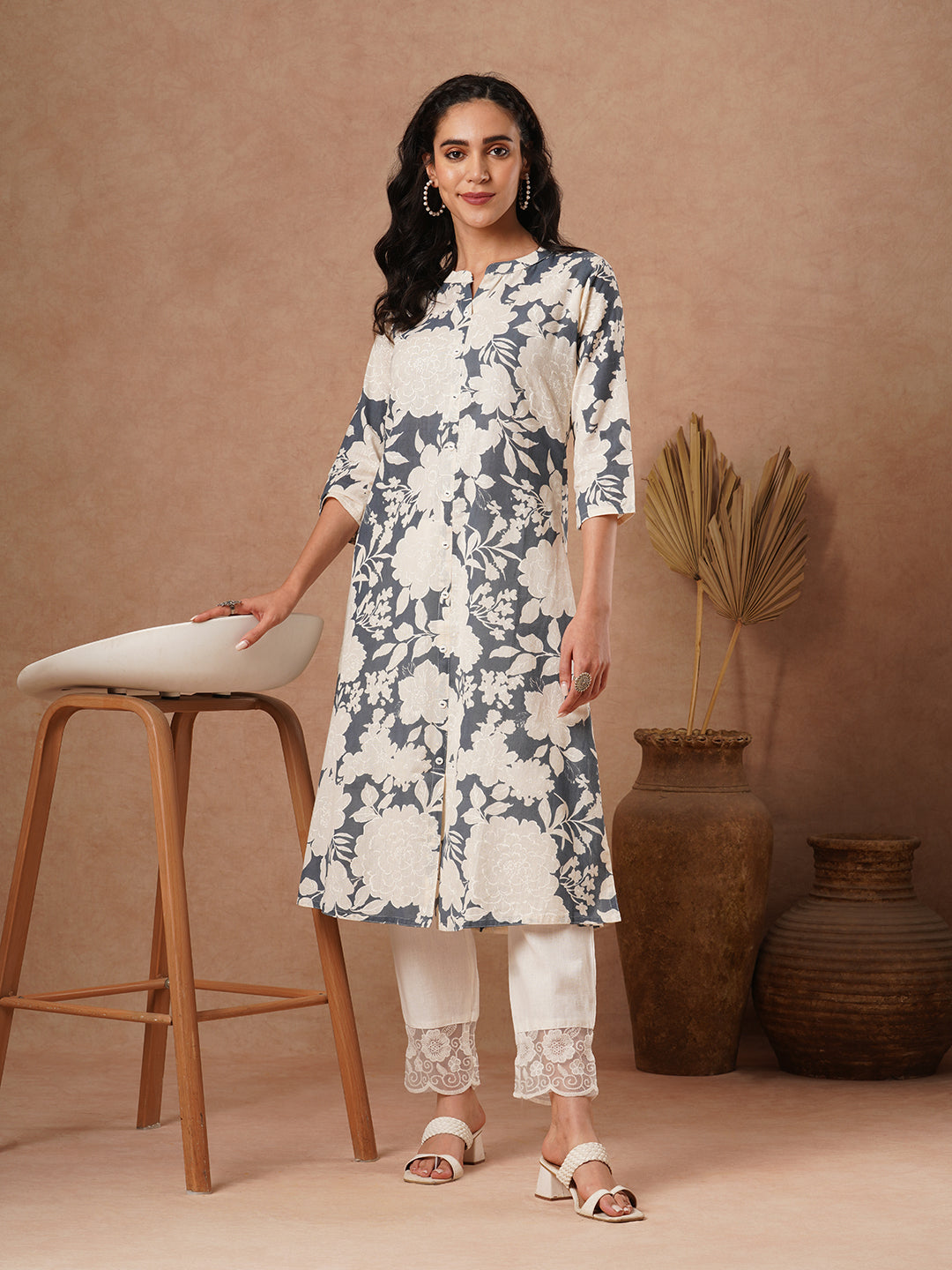 Abstract Floral Printed A-Line Cotton Flax Kurta - Grey