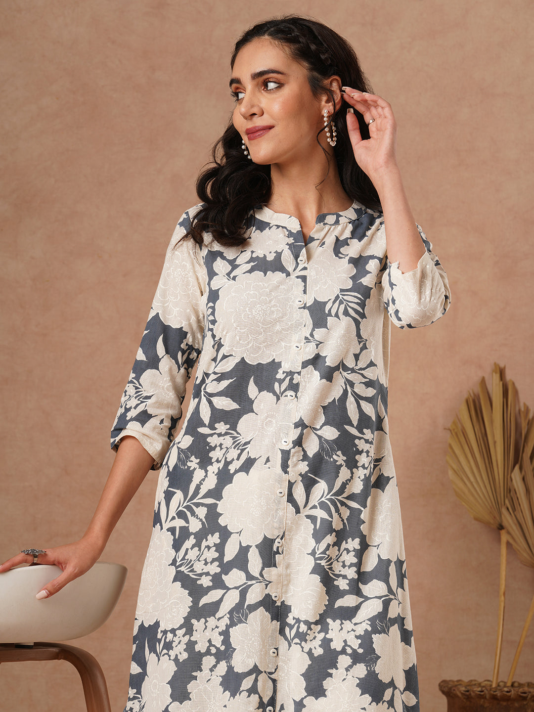 Abstract Floral Printed A-Line Cotton Flax Kurta - Grey