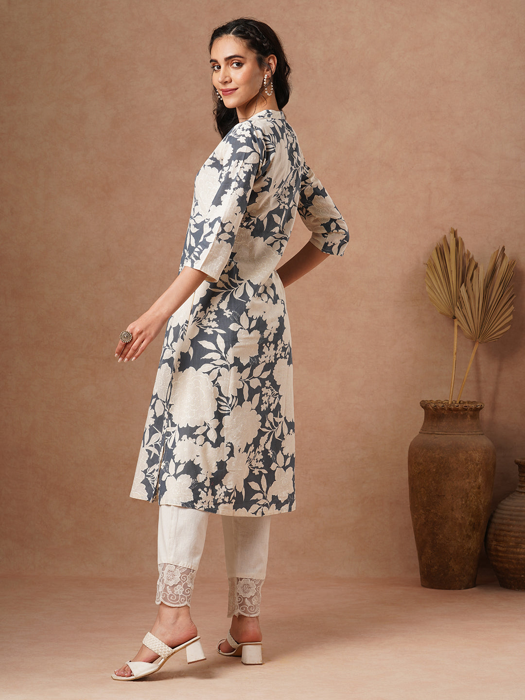 Abstract Floral Printed A-Line Cotton Flax Kurta - Grey