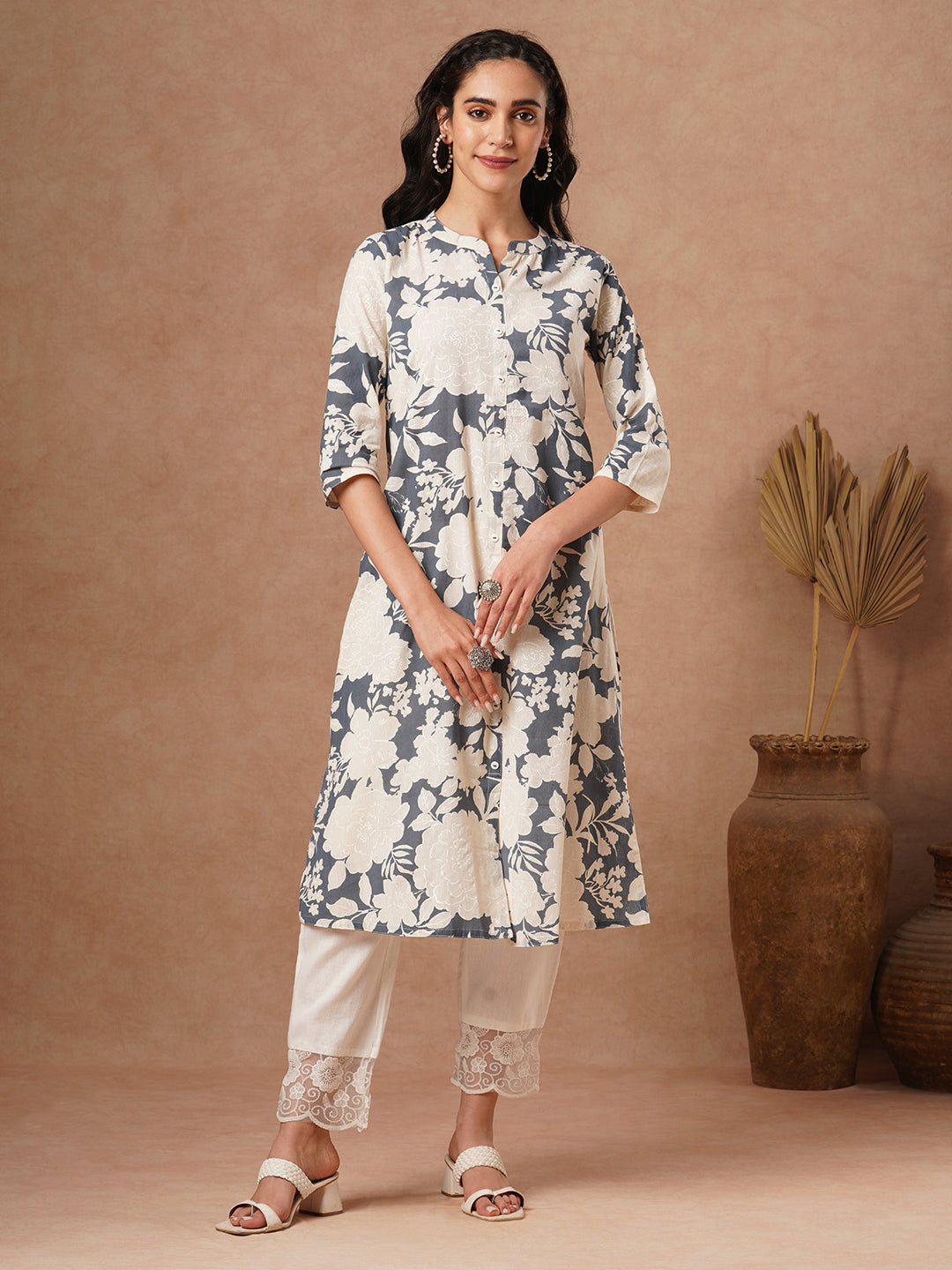 Abstract Floral Printed A-Line Cotton Flax Kurta - Grey