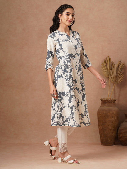 Abstract Floral Printed A-Line Cotton Flax Kurta - Grey