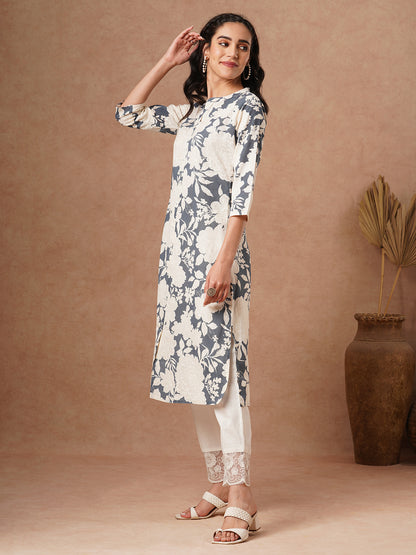 Abstract Floral Printed A-Line Cotton Flax Kurta - Grey