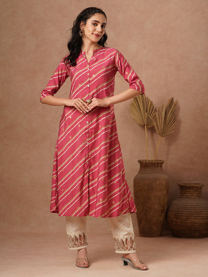 Leheriya Printed A-Line Flared Kurta - Pink