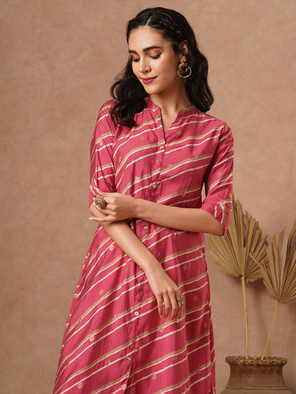 Leheriya Printed A-Line Flared Kurta - Pink